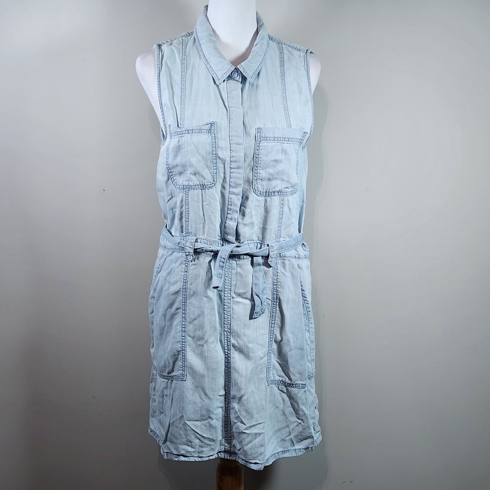 Dex‎ Denim Shirt Dress Womens Large Light Blue Sleeveless Belted Casual Tencil - Picture 2 of 13